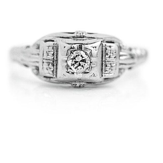 1930S Vintage Engagement Ring - .10Ct Old European Cut Diamond in 14K White Gold With Filigree