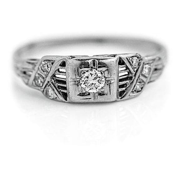 Vintage Engagement Ring .10Ct Old Euro Cut Diamond E Vs2 - 1920S Art Deco 18K White Gold Octagonal Milgrain Antique
