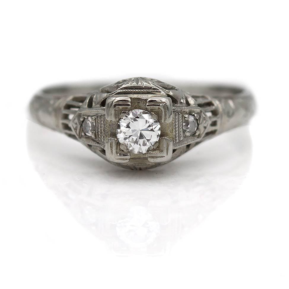 Art Deco .24 Ctw Old European Cut Vintage Engagement Ring With Side Stones