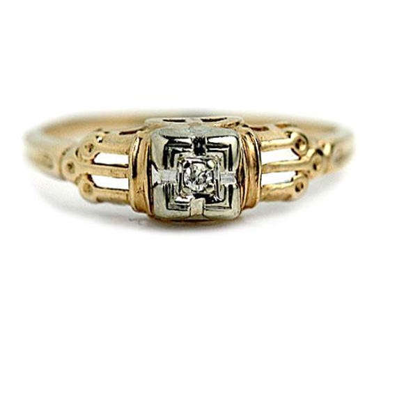 Vintage Engagement Ring .05Ct Single Cut Diamond - 14K Two Tone Gold 1940S Square Frame Petite Low Profile Antique
