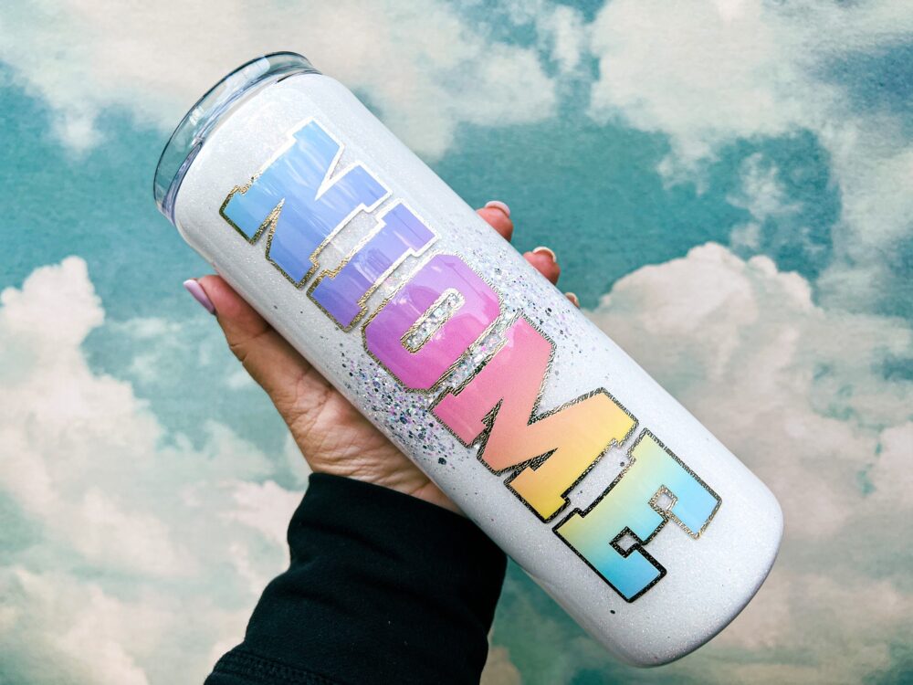 Glitter Burst Varsity Letter Tumbler, Rainbow Ombre Name, Chenille Patch Tumbler