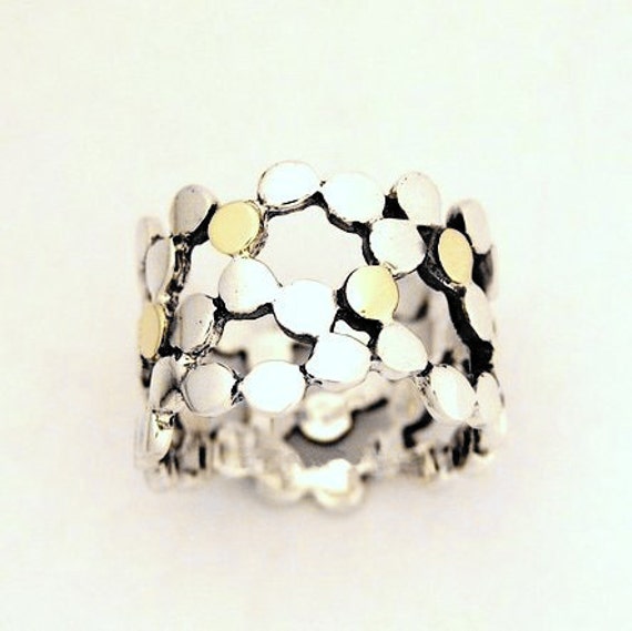 Silver Wedding Ring, Wide Dots Silver Gold Band, Simple Two Tone Modern Ring - Yet To Discover R1176G