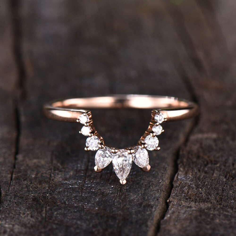 Moissanite Curved Wedding Band Rose Gold, Vintage Ring, Gold Band, Anniversary Gift, For Women