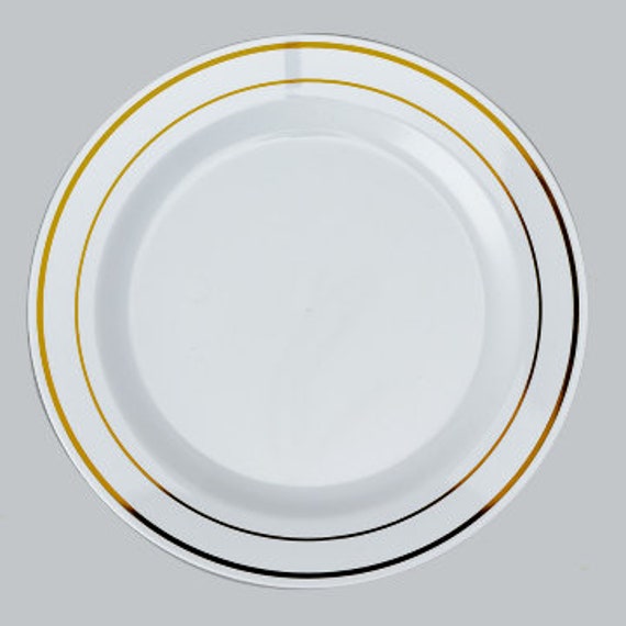 Premium Heavy Duty Delux Disposable Plastic Plates With Metallic Gold Trim, White Wedding Plates, Buffet