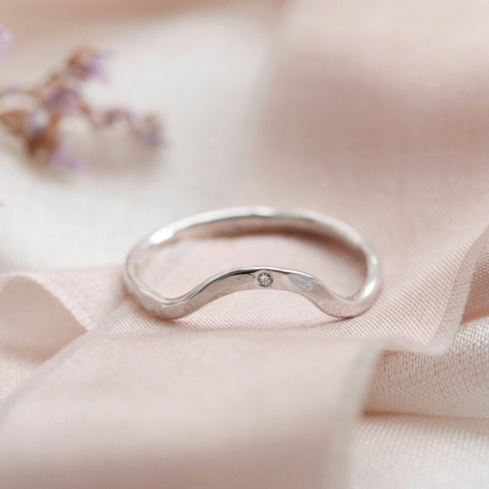 Gold Wedding Hammered Band, Curved Band Ring With Tiny Diamond By Mialis Jewelry