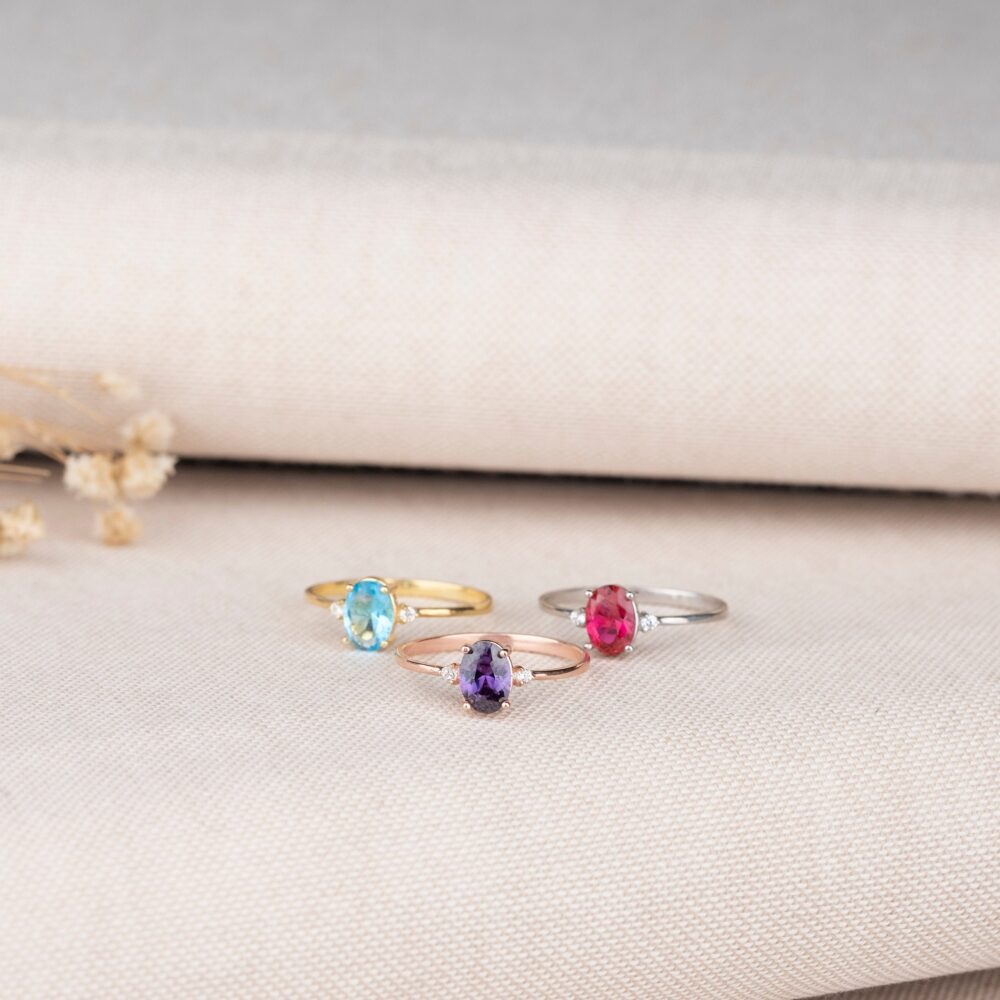 sterling Silver Family Birthstone Ring, Personalized Oval Gemstone