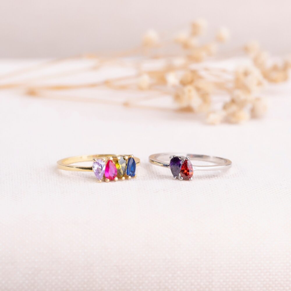 Sterling Silver Family Birthstone Ring, Personalized Drop Stone Jewelry