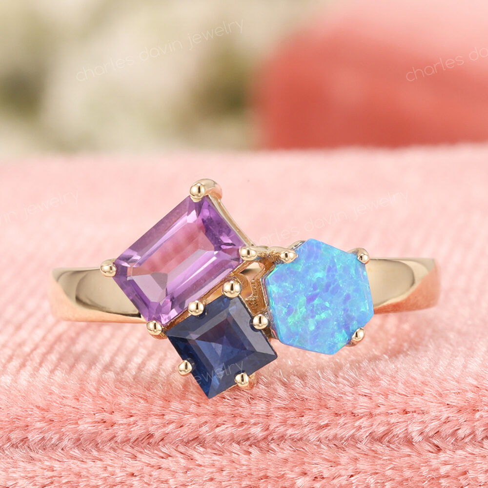 Mothers Day Rings 3 Stones, Family Birthstone Rings, Personalized Moms Ring, Amethyst, Sapphire, Hexagon Opal Cluster Three Stone