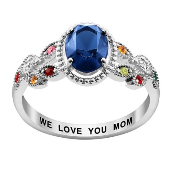 Rhodium Plated Family Birthstone Ring, Personalized Mom Ring