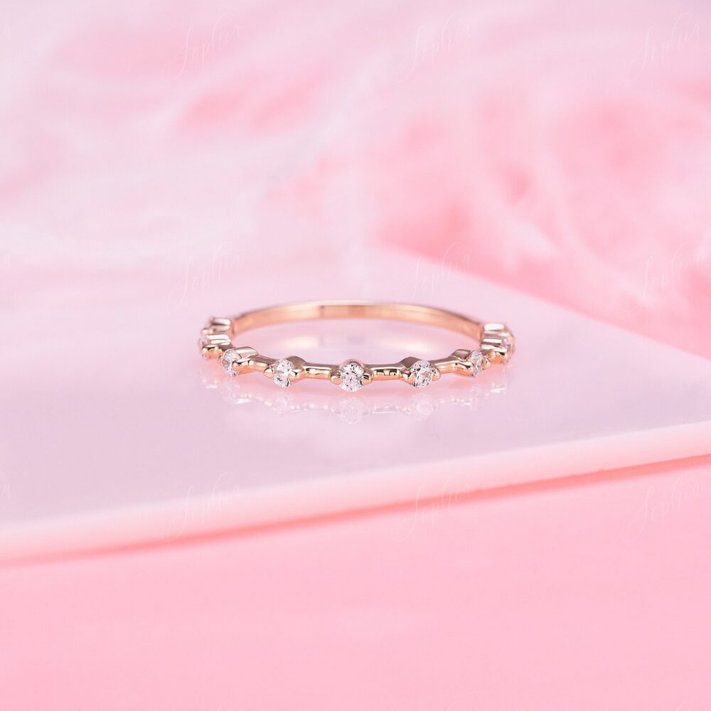 Women Minimalist Wedding Band, 14K Rose Gold Tiny & Delicate Cz Band For Her, Half Eternity Simple