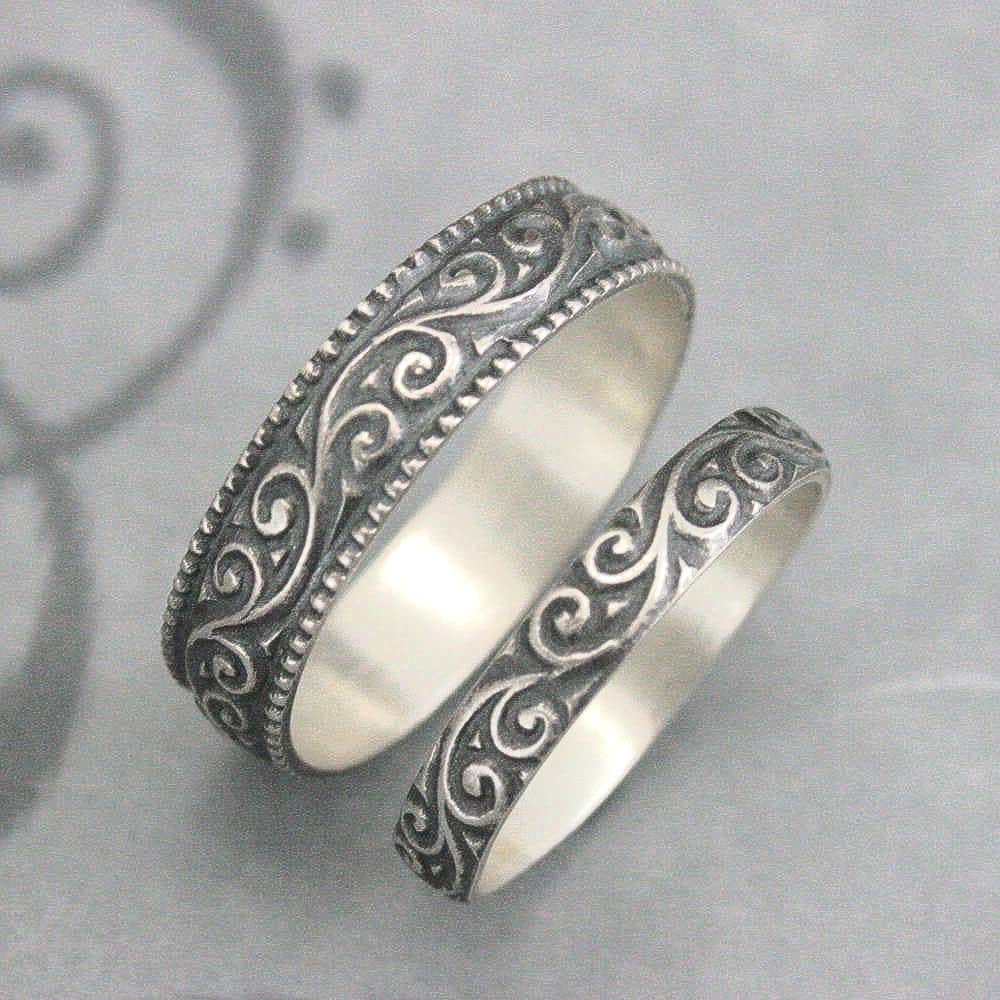 Vintage Style Rings Wedding Set Flourish Silver Bands Mens Ring Womens Band His & Hers Promise