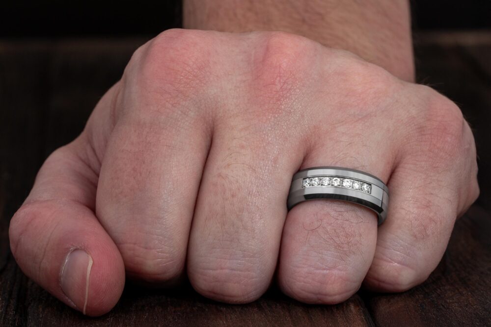 Men's Silver With Cz Diamonds Wedding Ring, Polished Mens Band, Engagement Anniversary Ring