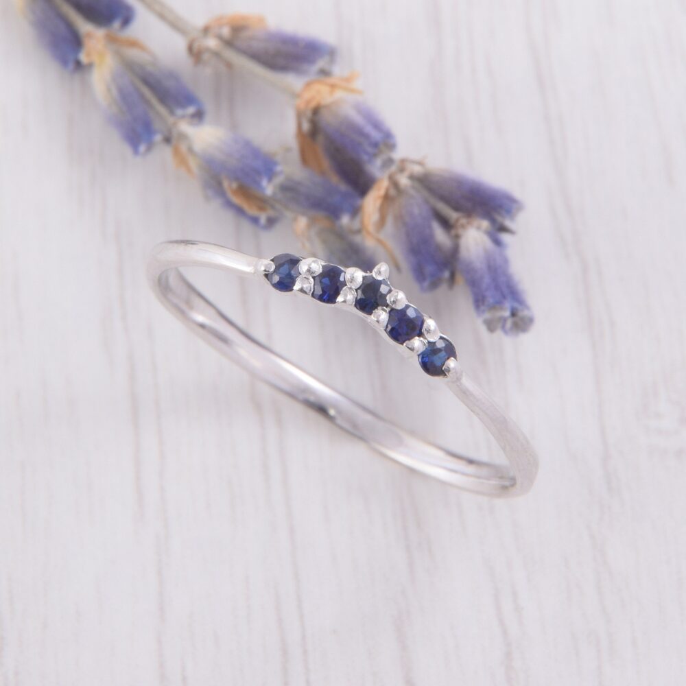 Sapphire Curved Silver Wedding Band, Womens Ring, Dainty Chevron V Ring