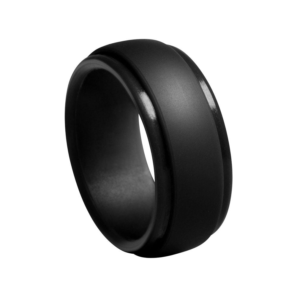 Black Silicone Ring Stepped Edge Wedding Band Alternative | 9mm