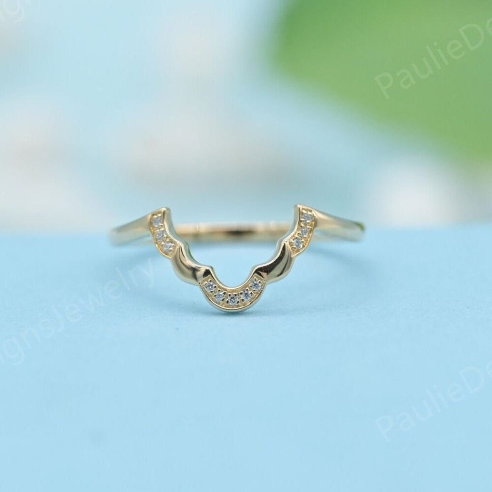 14K Gold Curved Wedding Band, Simulated Diamond Vintage Delicate Ring, Matching Unique Anniversary Promise Ring