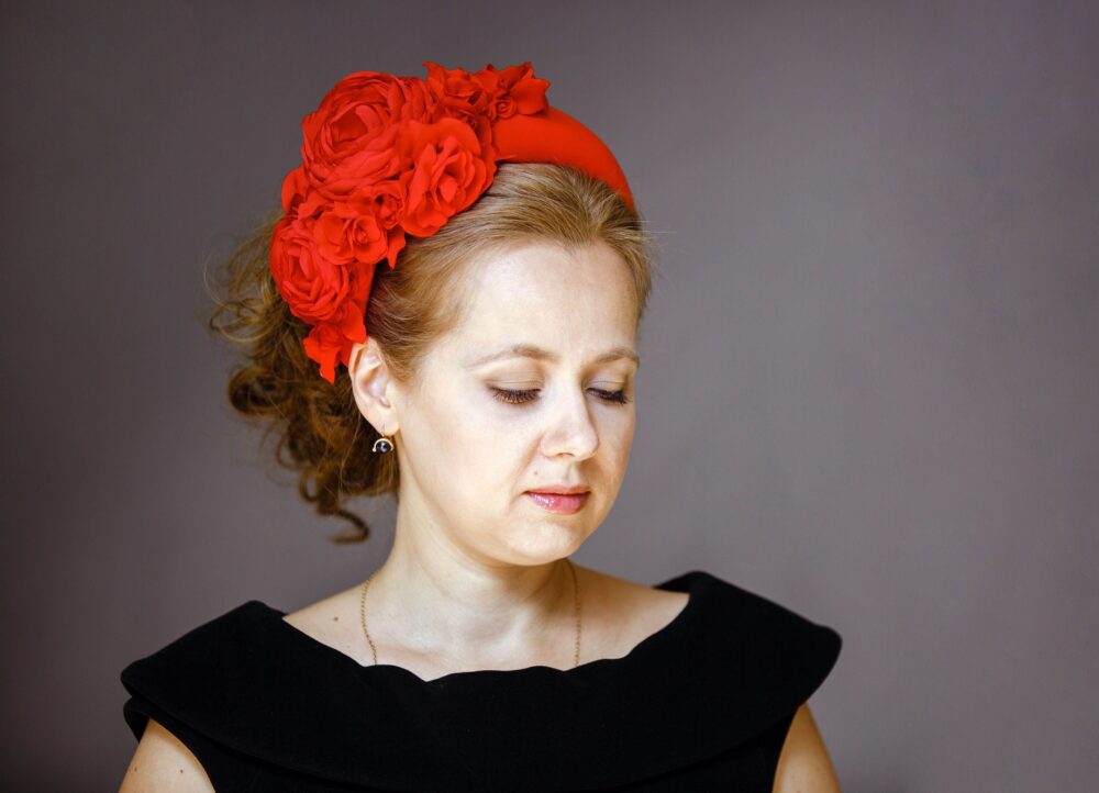 Red Flower Fascinator On Padded Halo Headband Kentucky Derby Hat For Women
