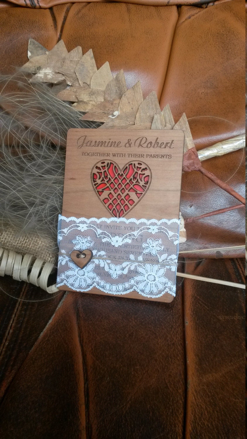 Rustic Wooden Wedding Invitation With Heart Cutout, Lace Detail, Laser Cut Personalized Invite