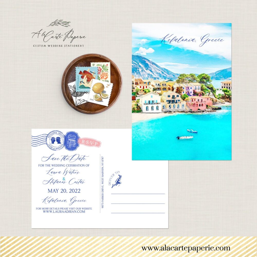 Kefalonia Greece Wedding Save The Date Postcard - Watercolor Island | Printed Or Digital