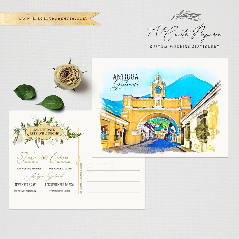 Antigua Guatemala Save The Date Postcard, Watercolor Design - Printed Or Digital
