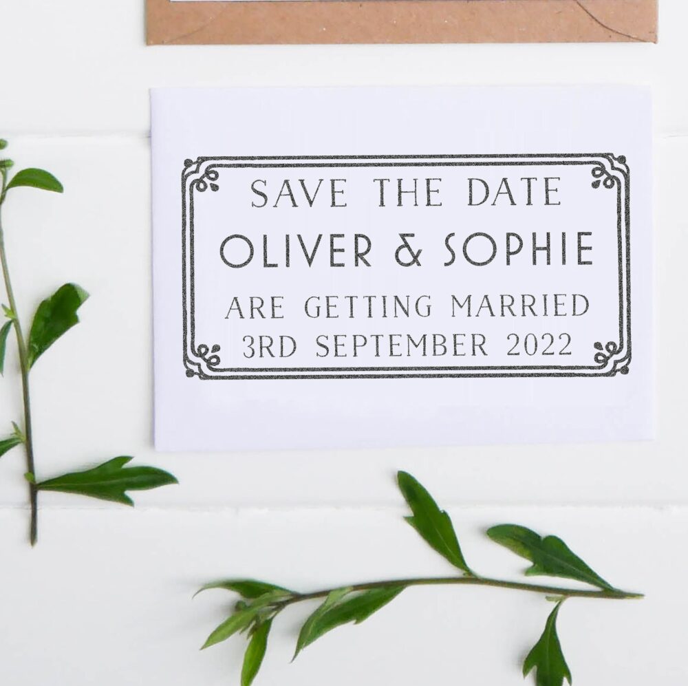 Elegant Art Deco Wedding Save The Date Tag Rubber Stamp | Personalized Custom Botanical Stationery