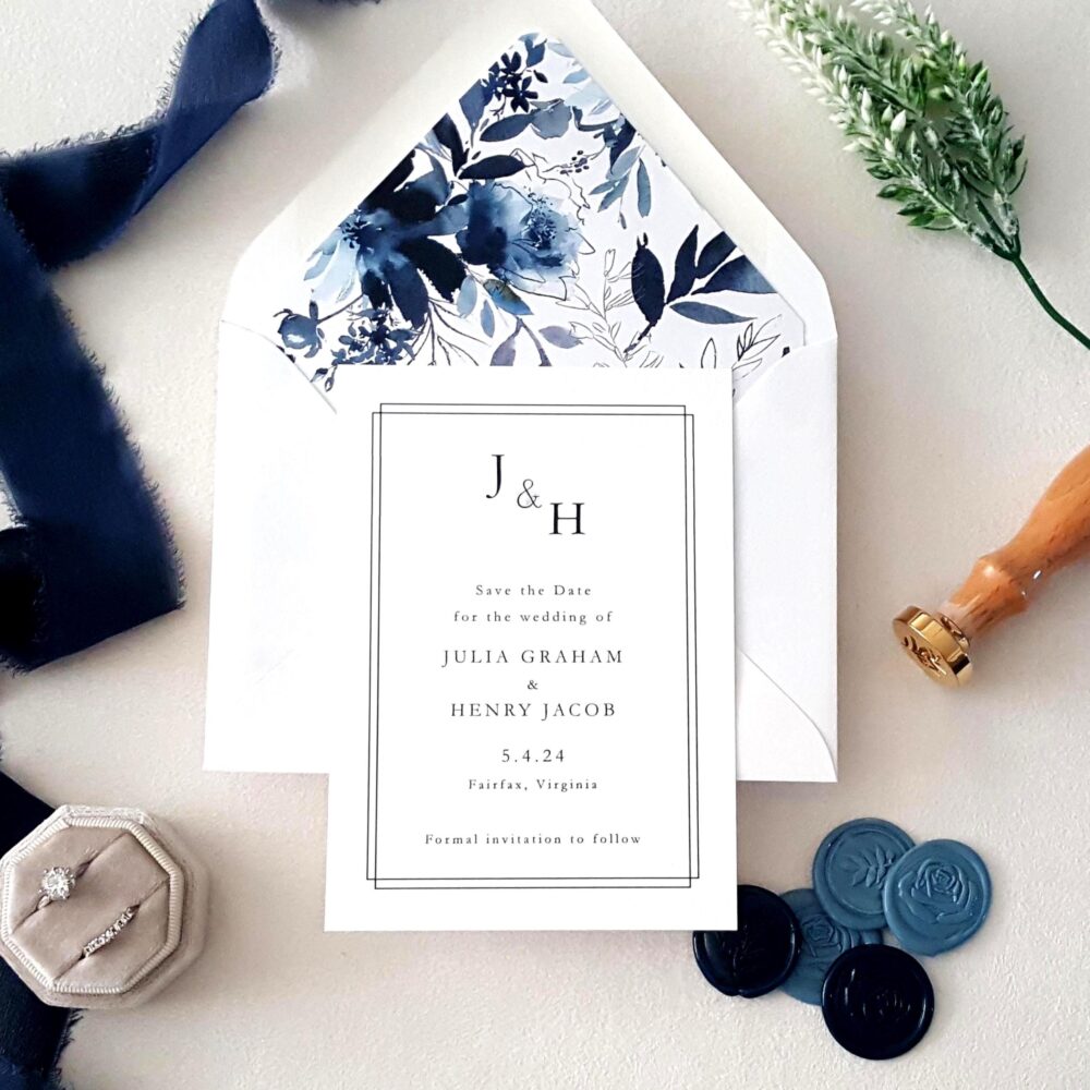 Dusty Blue Navy Floral Save The Date Cards Monogram Elegant Wedding Deposit