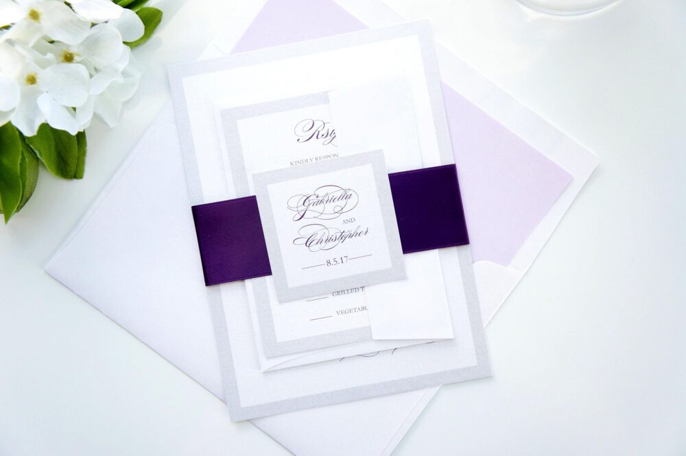 Wedding Invitation Suite Deposit Purple Plum Lilac Calligraphy Ribbon Belly Band Elegant Invite