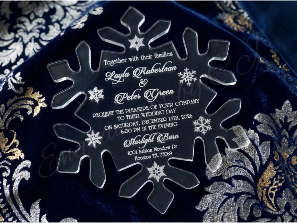 Winter Wedding Acrylic Invitation | Snowflake Clear Invite Elegant Engraved Wonderland