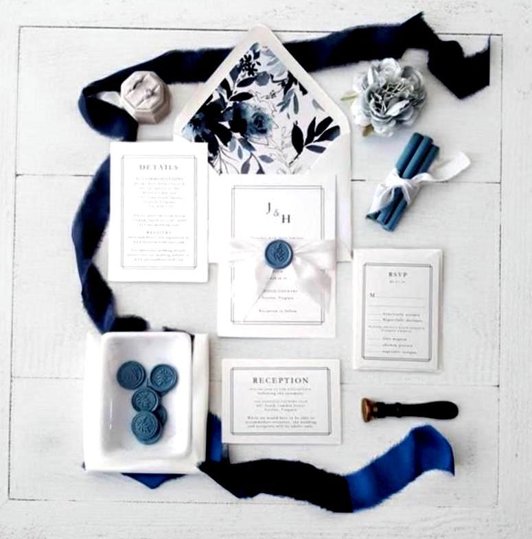 Dusty Blue Wedding Invitations Vellum Wrap Ribbon Wax Seal Elegant Invitation Suite