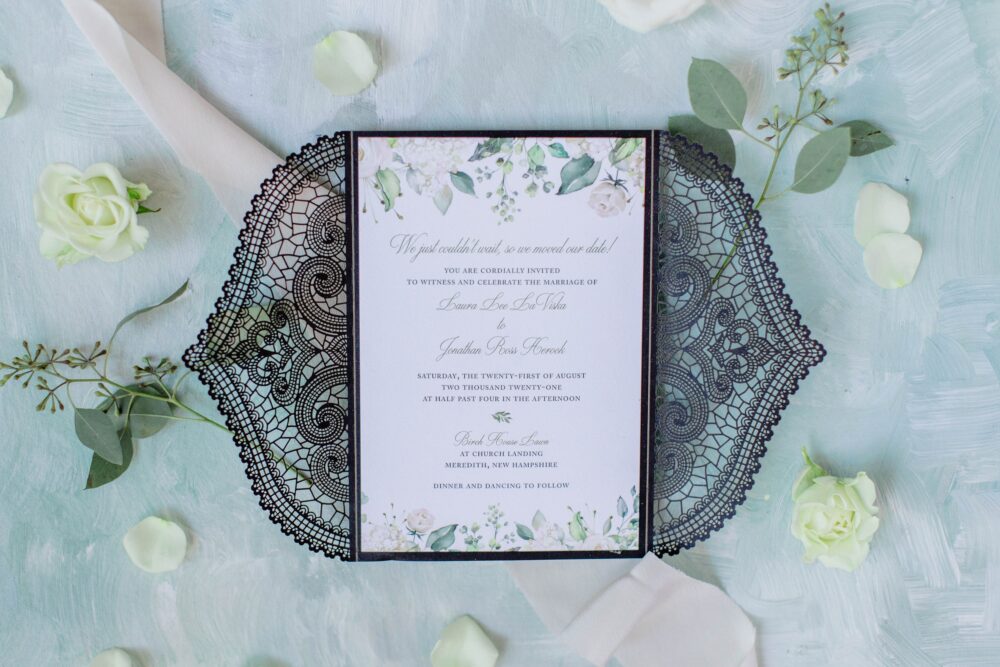 Chantilly Lace Laser Cut Wedding Invitation | Black Gate Fold