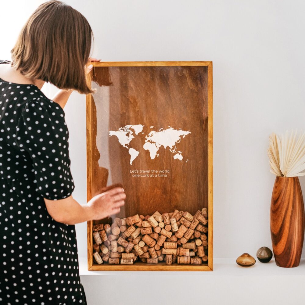 Wine Gift For Her & Him, Custom Cork Holder, Art, Personalised Travel Lover Gift, World Map Sign, Handmade Wooden Shadow Box