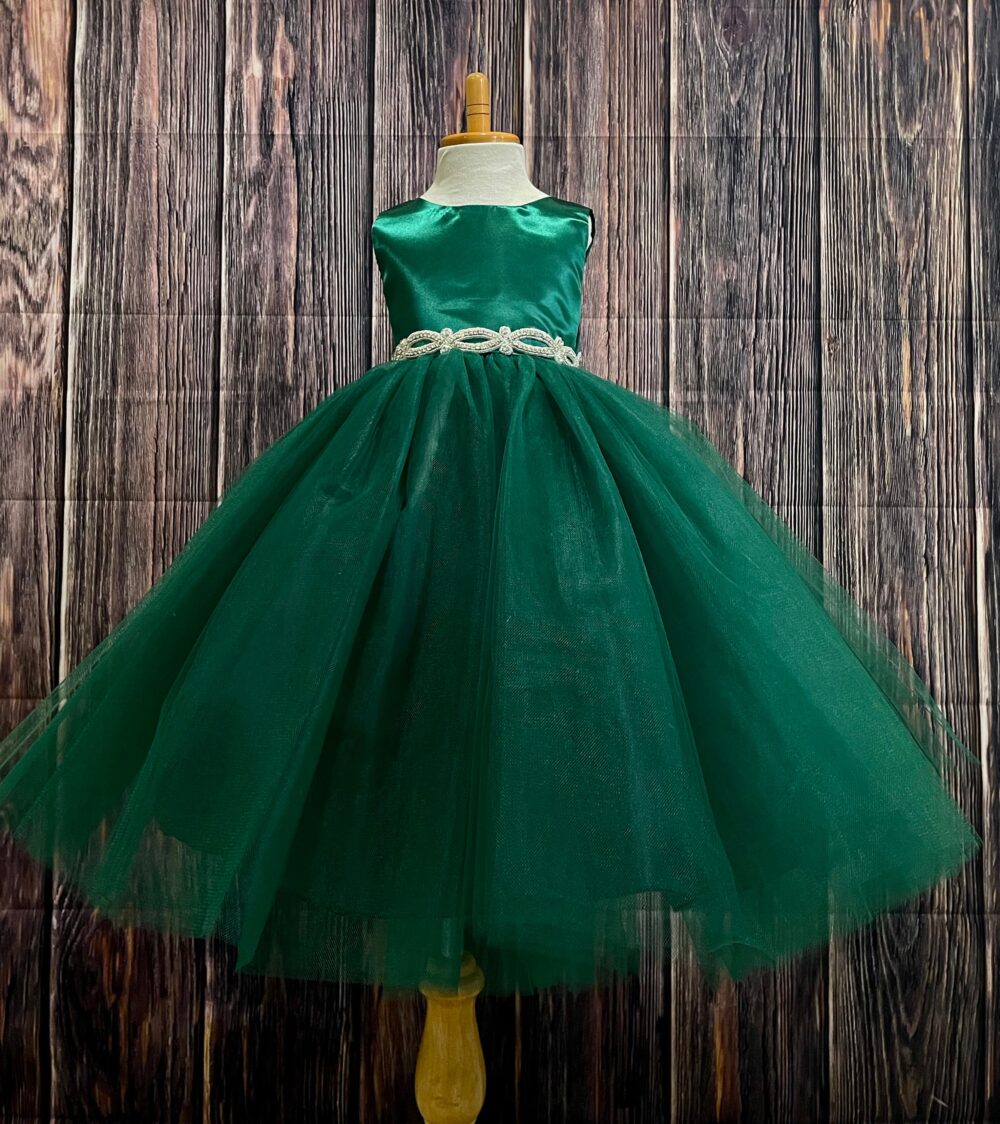 Hunter Green 4 Layer Tulle Satin Wedding Flower Girl Fall Holiday Christmas Elegant Birthday Pageant Infant Toddler Dress