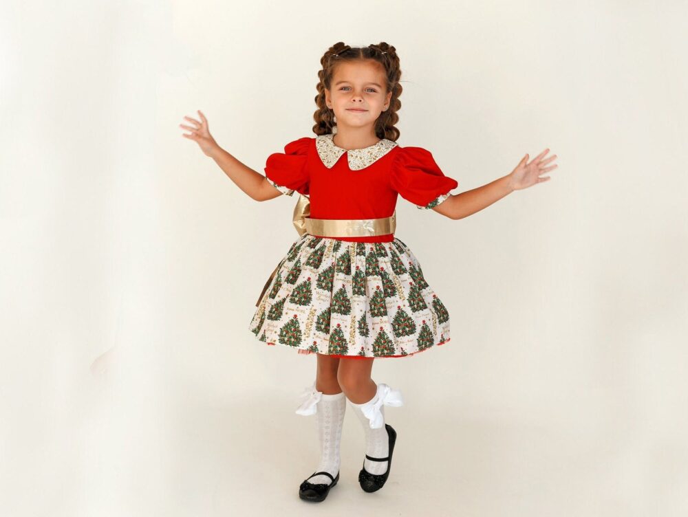 Christmas Girl Dress - First Toddler Festive Outfit Red & White Tree Print Dress For Girls Festive Children's Clothing