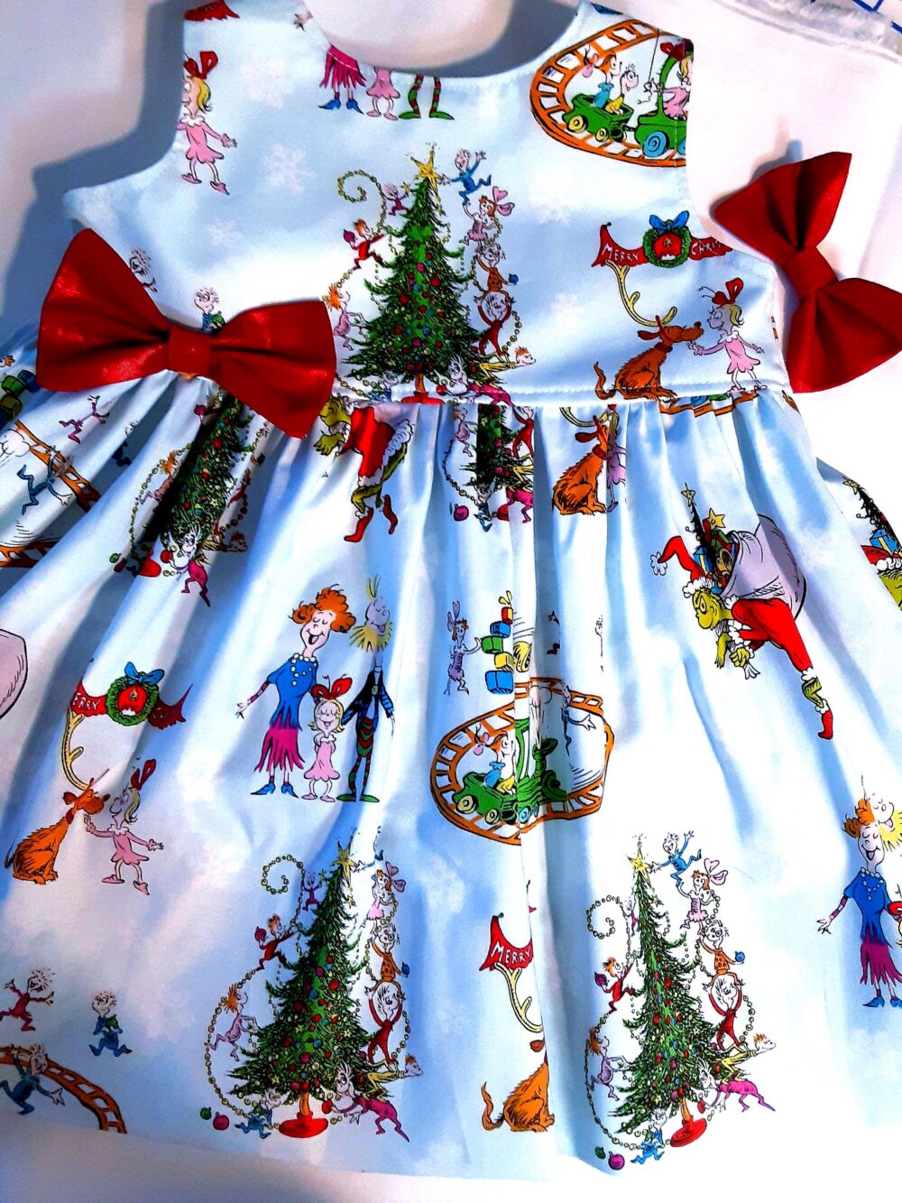 Grinch Christmas Dress Light Blue Holiday Grinch Family Baby Toddler Girl Flutter Orsleeveless 3Mo.to 6Yr Or White