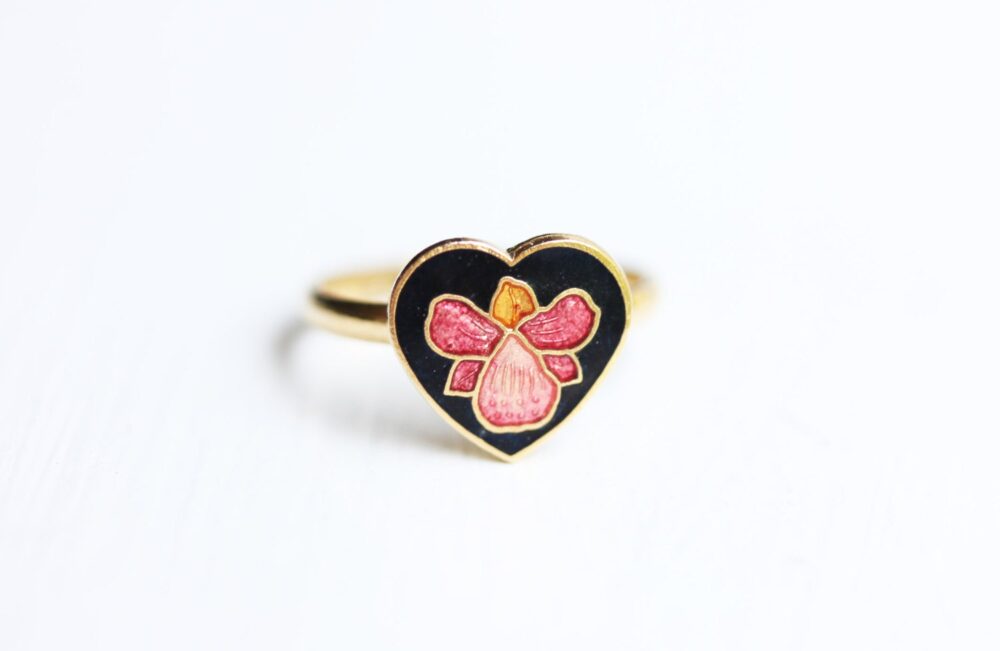 Pink Heart Ring, Enamel Gold Orchid Black Adjustable Flower Ring
