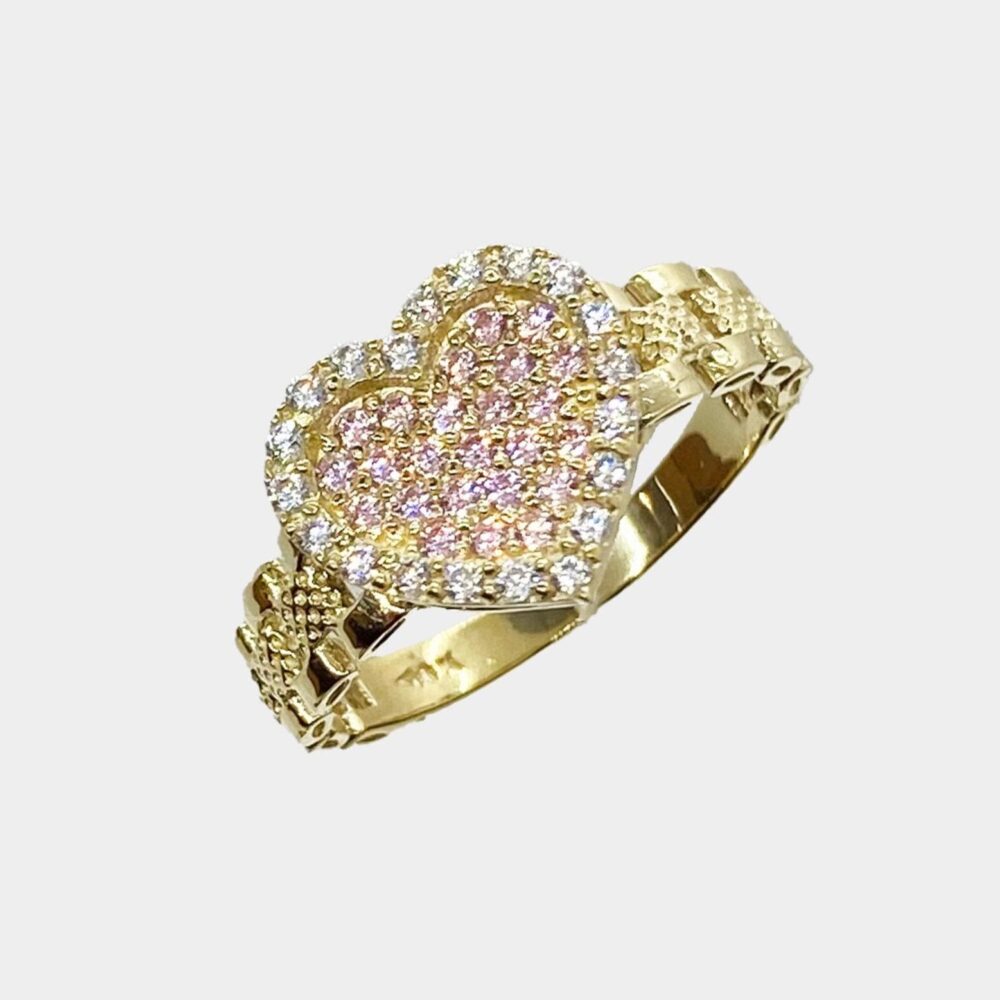 10K Solid Gold Heart Ring - Pink & White Cz Presidential Band