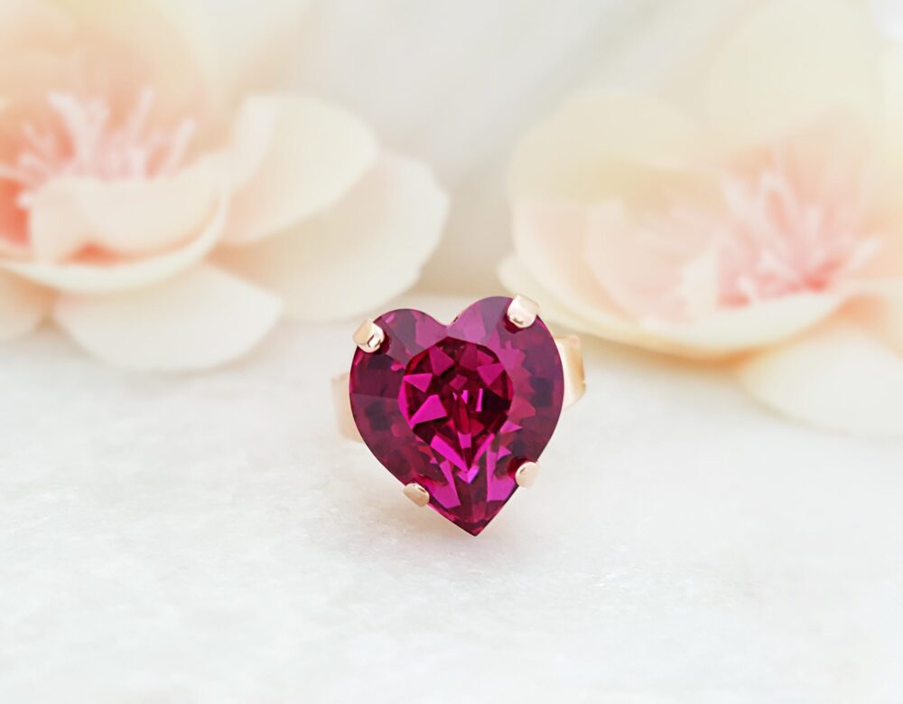Fuchsia Hot Pink Heart Ring Rose Gold Heartshaped Crystal, Fuchsia Jewelry Gifts, Chunky Ladies Magenta Crystal Promise R4015