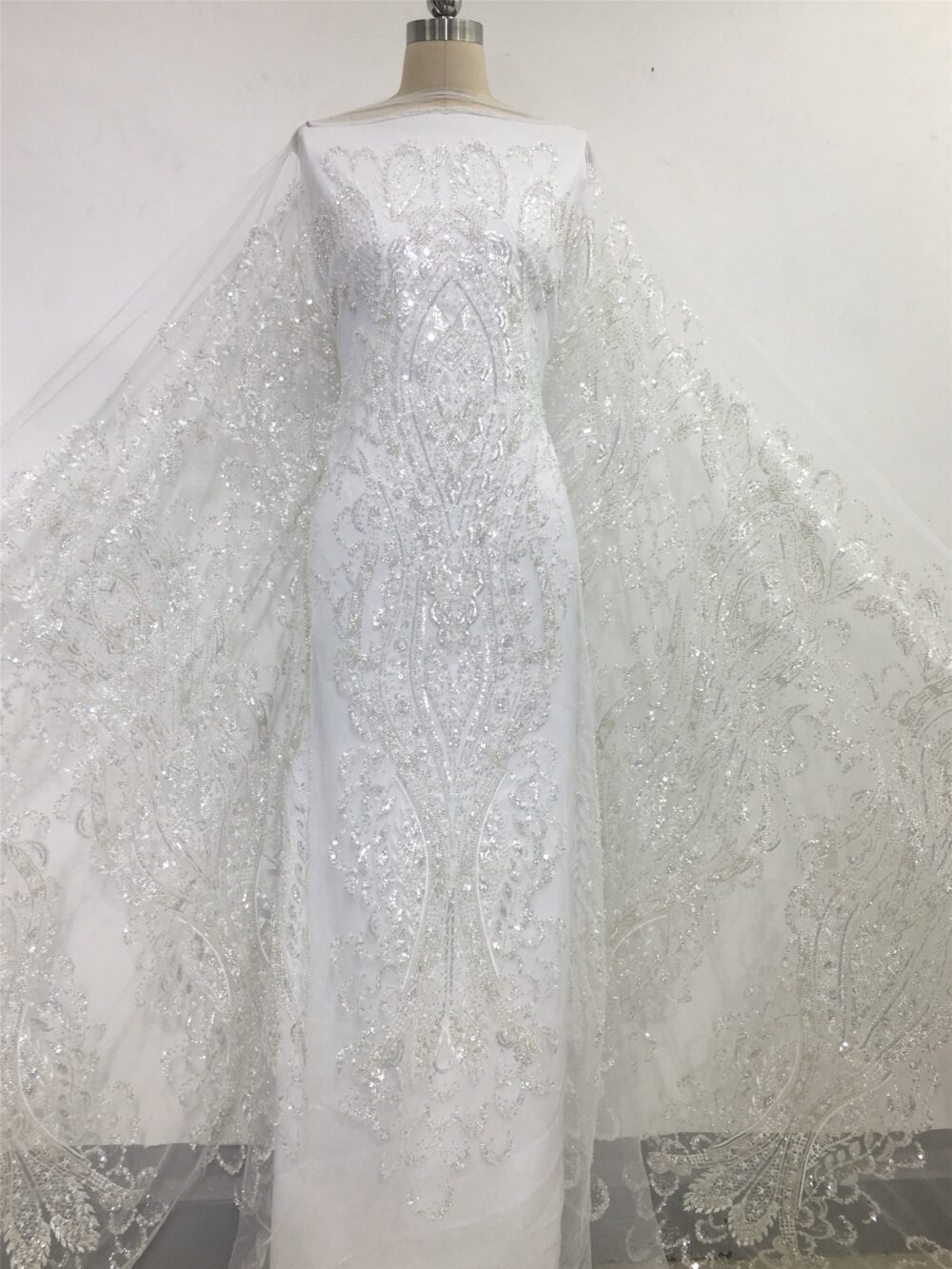 Beaded Pearls Lace Fabric, White Embroidery Sequins Tulle, Bridal Wedding Dress