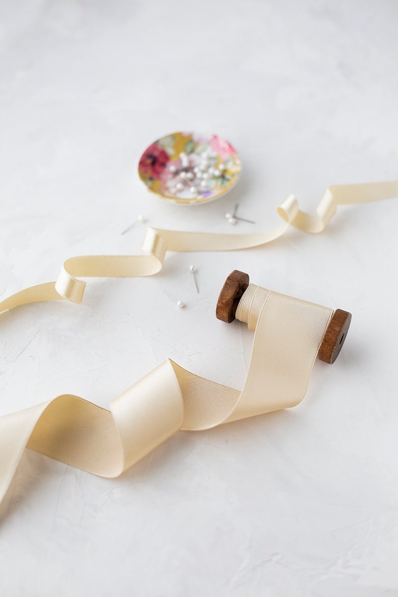 Champagne Gold Silk Satin Charmeuse Ribbon Single-Faced, Woven Edge 1/8" 1/4" 3/8" 1/2" 5/8" 3/4 1" 1.5" 2"