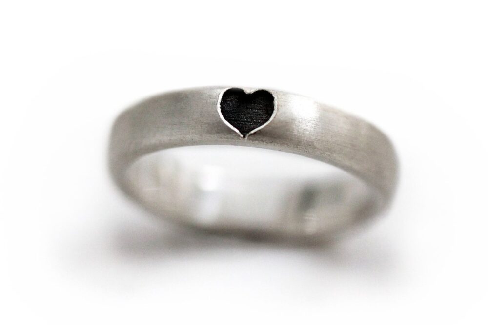 Silver Love Ring, Heart Band Unique Gift, Promise Love Black Heart Engagement Anniversary Ring