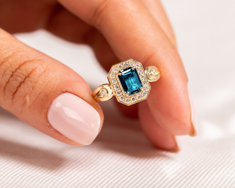 London Blue Topaz Engagement Ring, Art Deco Halo Wedding Ring, December Birthstone, Anniversary Gift, 14K Solid Gold, Precious Ring, Gift
