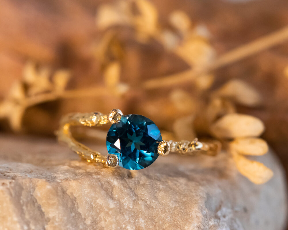 London Blue Topaz Engagement Ring, Nature Twig Gemstone 14K Gold Ring
