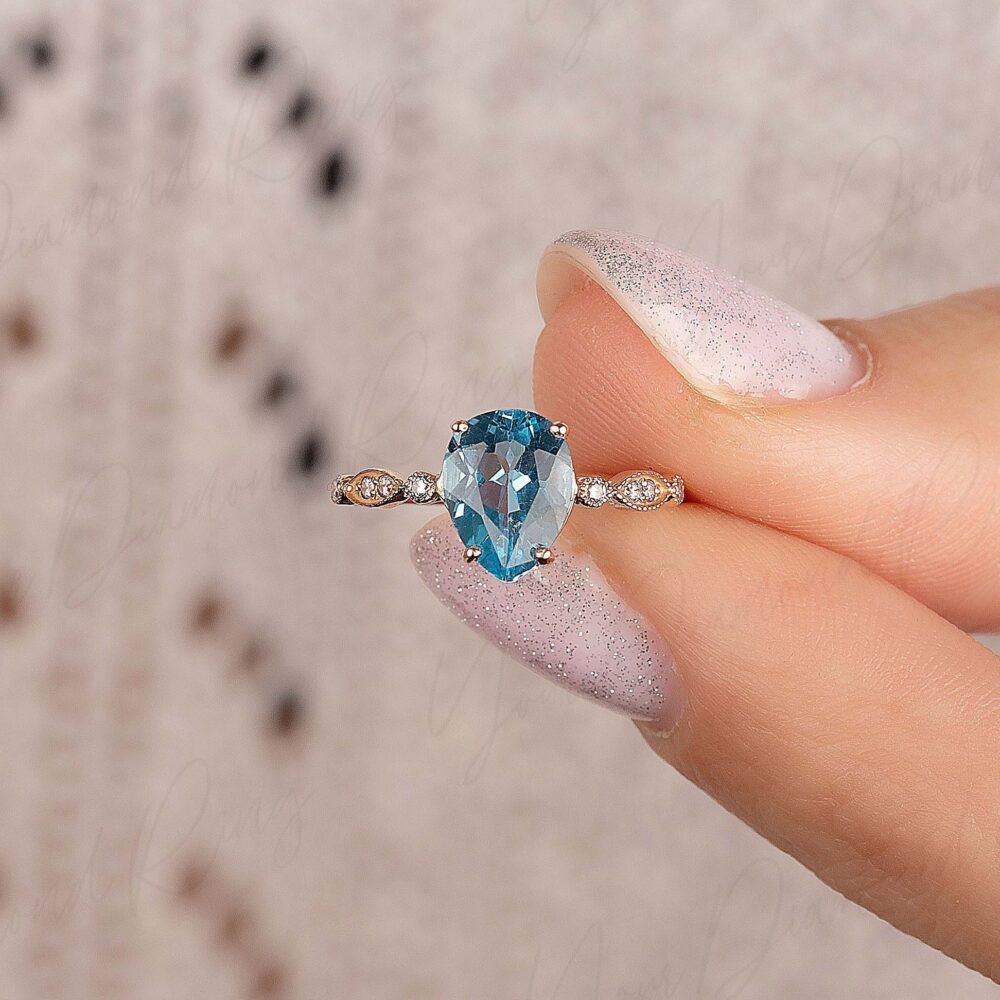 Swiss Blue Topaz & Diamond Engagement Ring Rose Gold, Unique Art Deco Pear Anniversary Promise Ring, Topaz Wedding