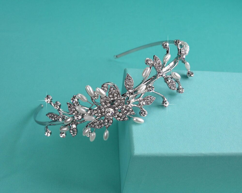 Clearance Crystal & White Pearl Side Bridal Headband, Silver Wedding Tiara, Headpiece, Hair Accessory, Ti-028