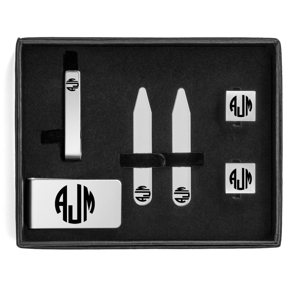 Personalized Money Clip, Tie Bar Cuff Links, Collar Stays Set in Gift Box Kit Circle Monogram Engraved Custom Groomsman Best Man Groom