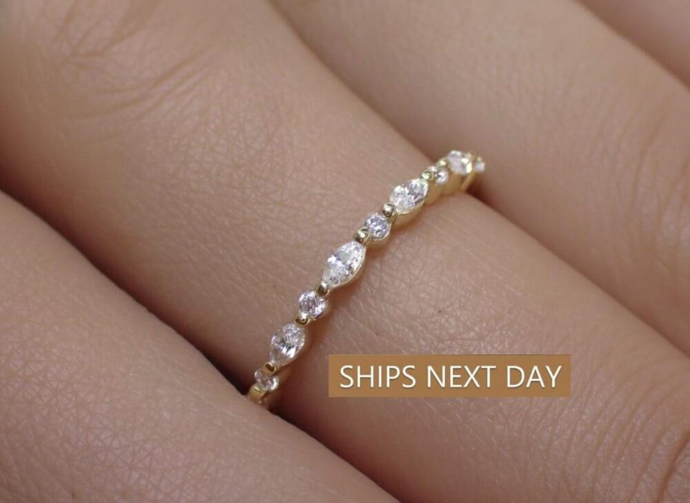 Vintage Diamond Wedding Band, Marquise Cut Half Eternity Stacking Ring, Art Deco Engagement Christmas Gift For Her