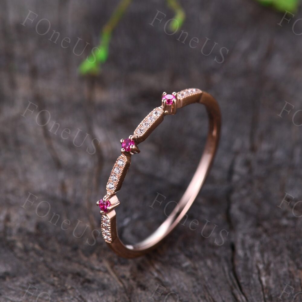 Dainty Moissanite Ruby Wedding Band Rose Gold Stacking Delicate Matching Minimalist Ring Anniversary Gift For Her