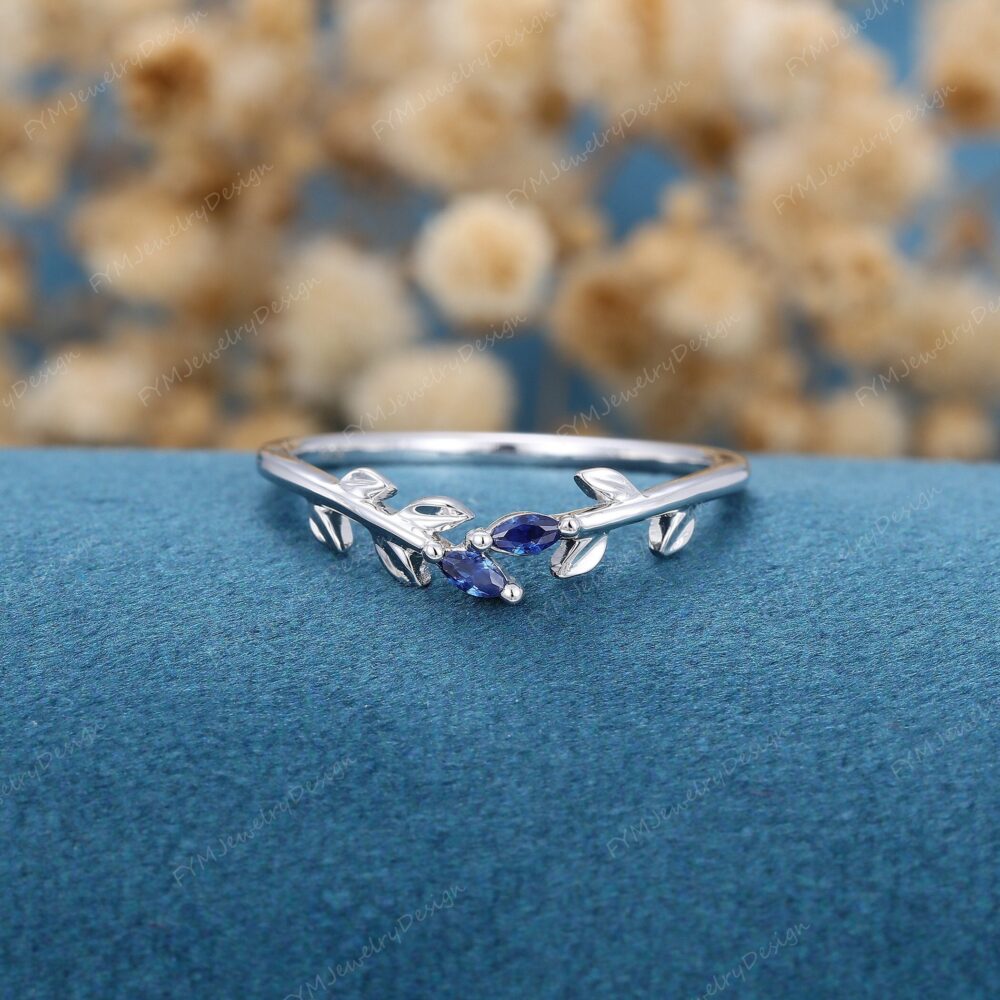 Marquise Cut Lab Sapphire Curved Wedding Band Art Deco White Gold Leaf Design Nature Inspired Ring Unique Promise Anniversary Gift For Women