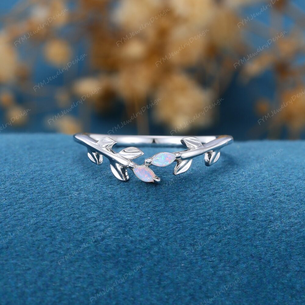 Marquise Opal Curved Wedding Band Unique White Gold Art Deco Leaf Twig Design Stacking Open Ring Vintage Bridal Promise Gift For Women