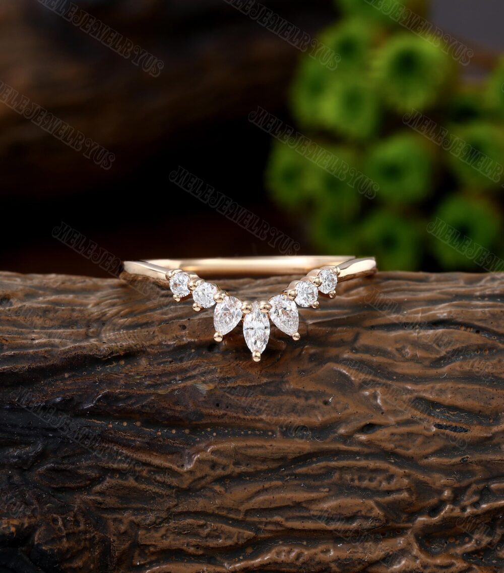 14K Curved Moissanite Wedding Band Vintage Marquise Rose Gold Unique Diamond Bridal Stacking Matching Ring Promise Gift For Her