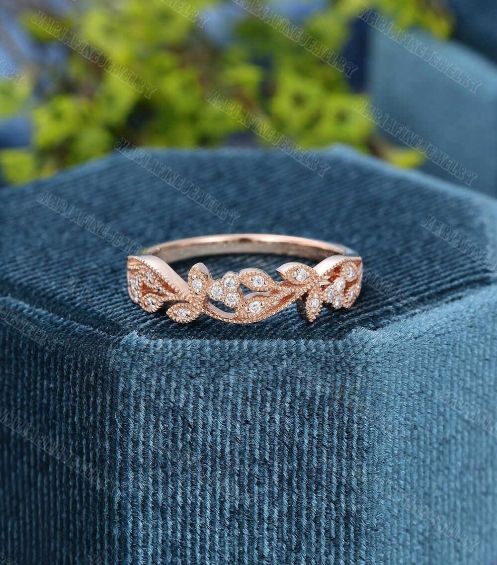 Vintage Flower Wedding Band Rose Gold Moissanite Art Deco Diamond Wedding Bridal Unique Anniversary Promise Day Gift For Women
